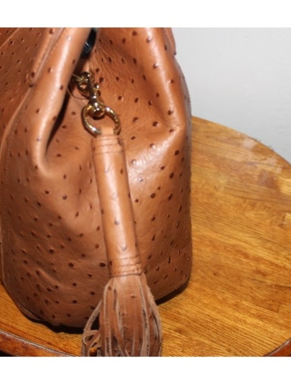 New $378 Gili G.I.L.I Cognac Ostrich Embossed Roma 2 Tote Shoulder Bag w Tassel - Picture 3 of 8
